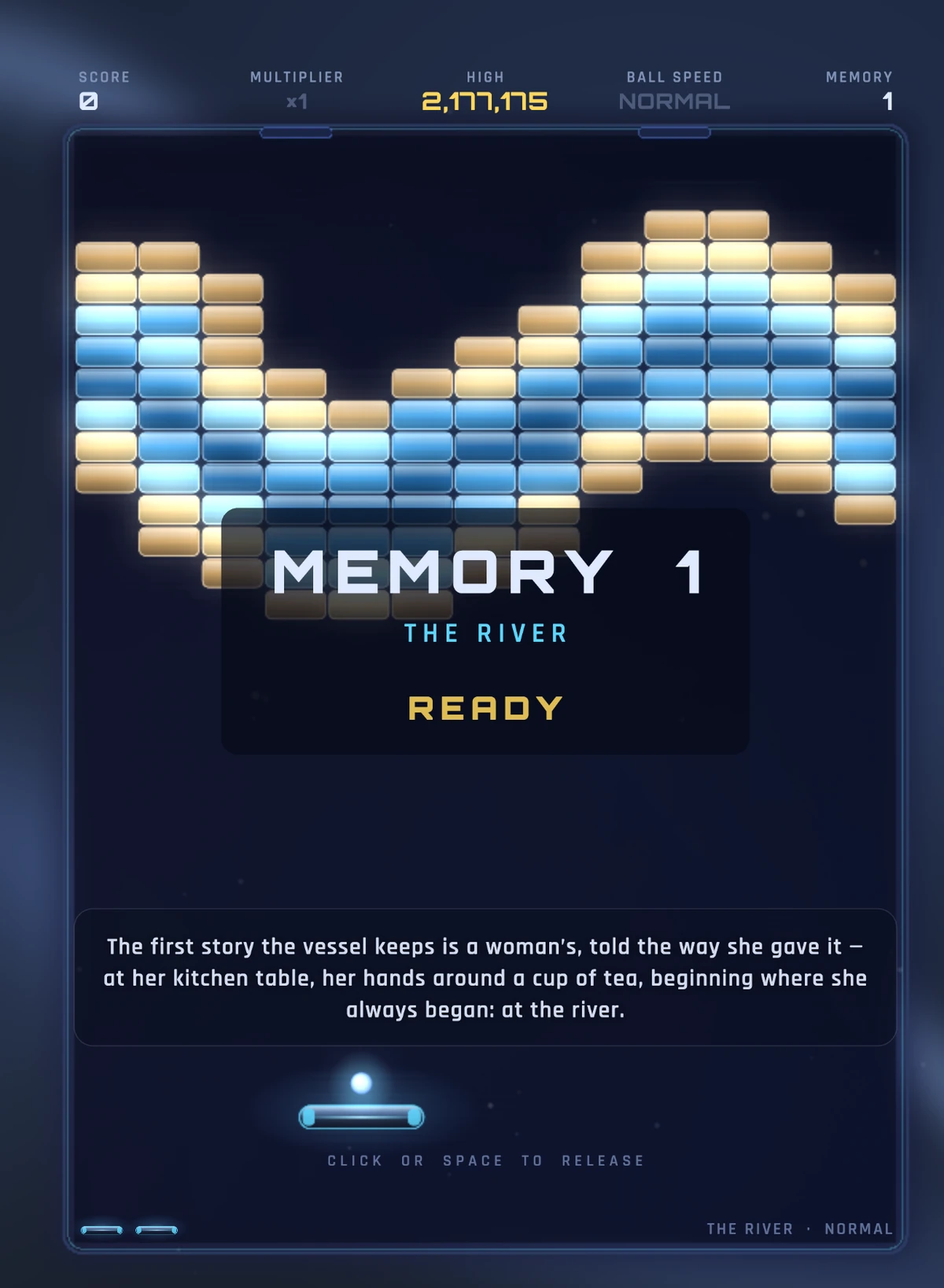 Memory 1 — The River: the opening board, and the first line of her story